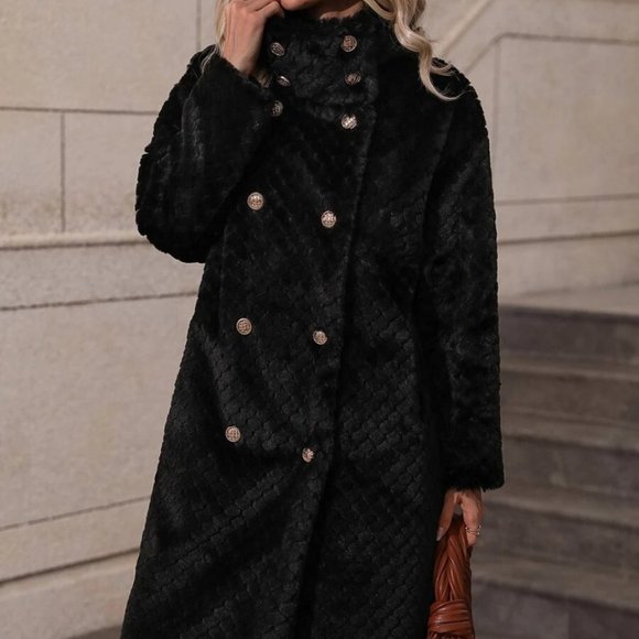 Black Faux fur teddy double breasted Coat Jacket - Picture 8 of 12